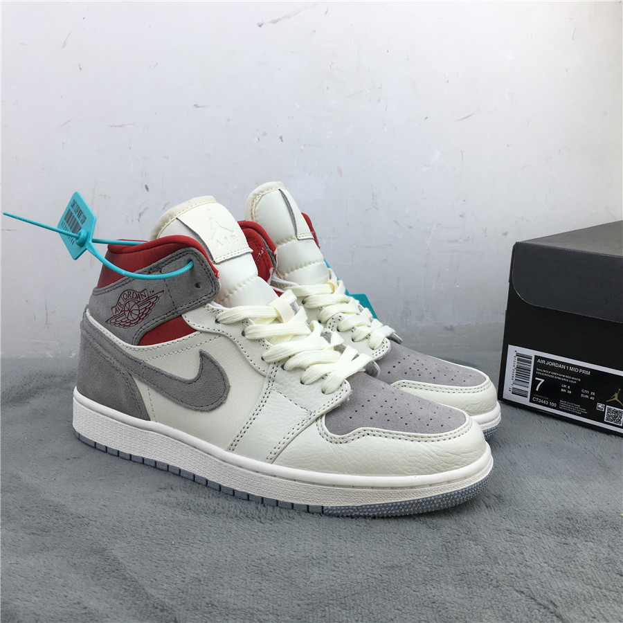 2020 SNS x Air Jordan 1 Mid White Grey Red Shoes